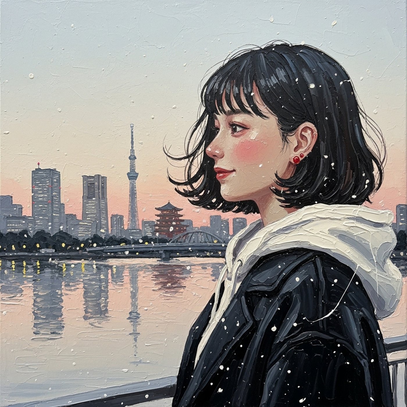 東京の夕景を背景にした人物イラスト（クリックで拡大）