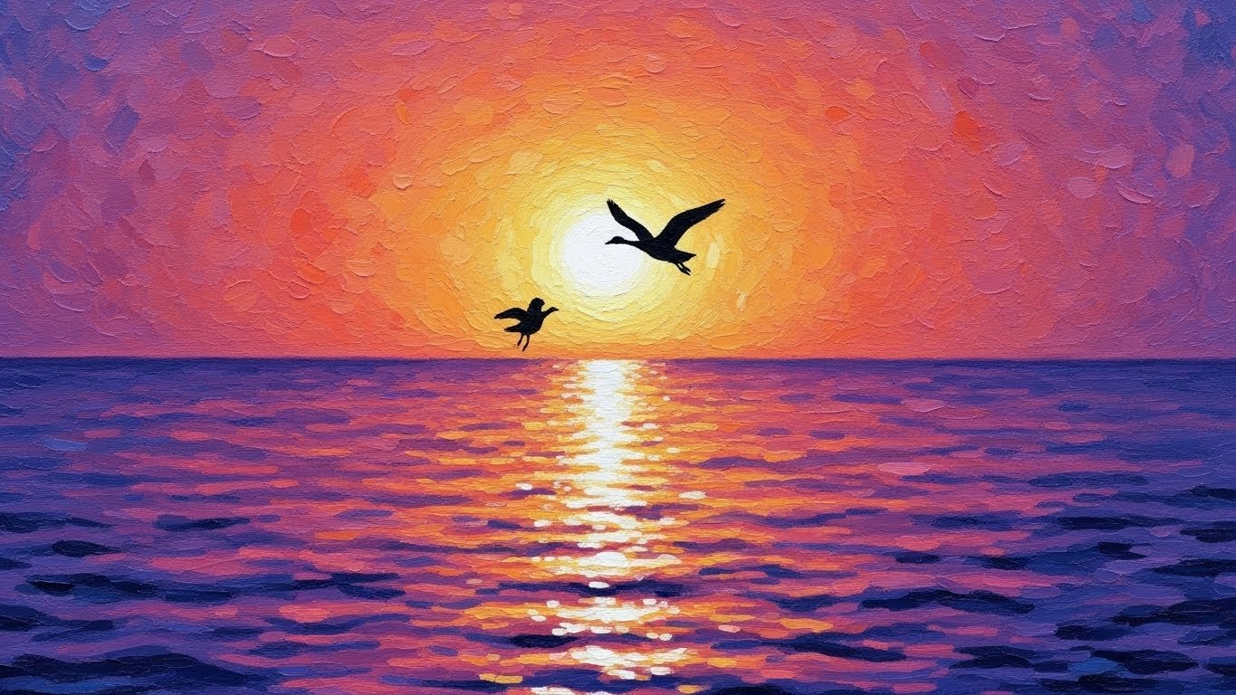 夕焼けと2羽の鳥を描いた油彩調のヒーリングアート作品
