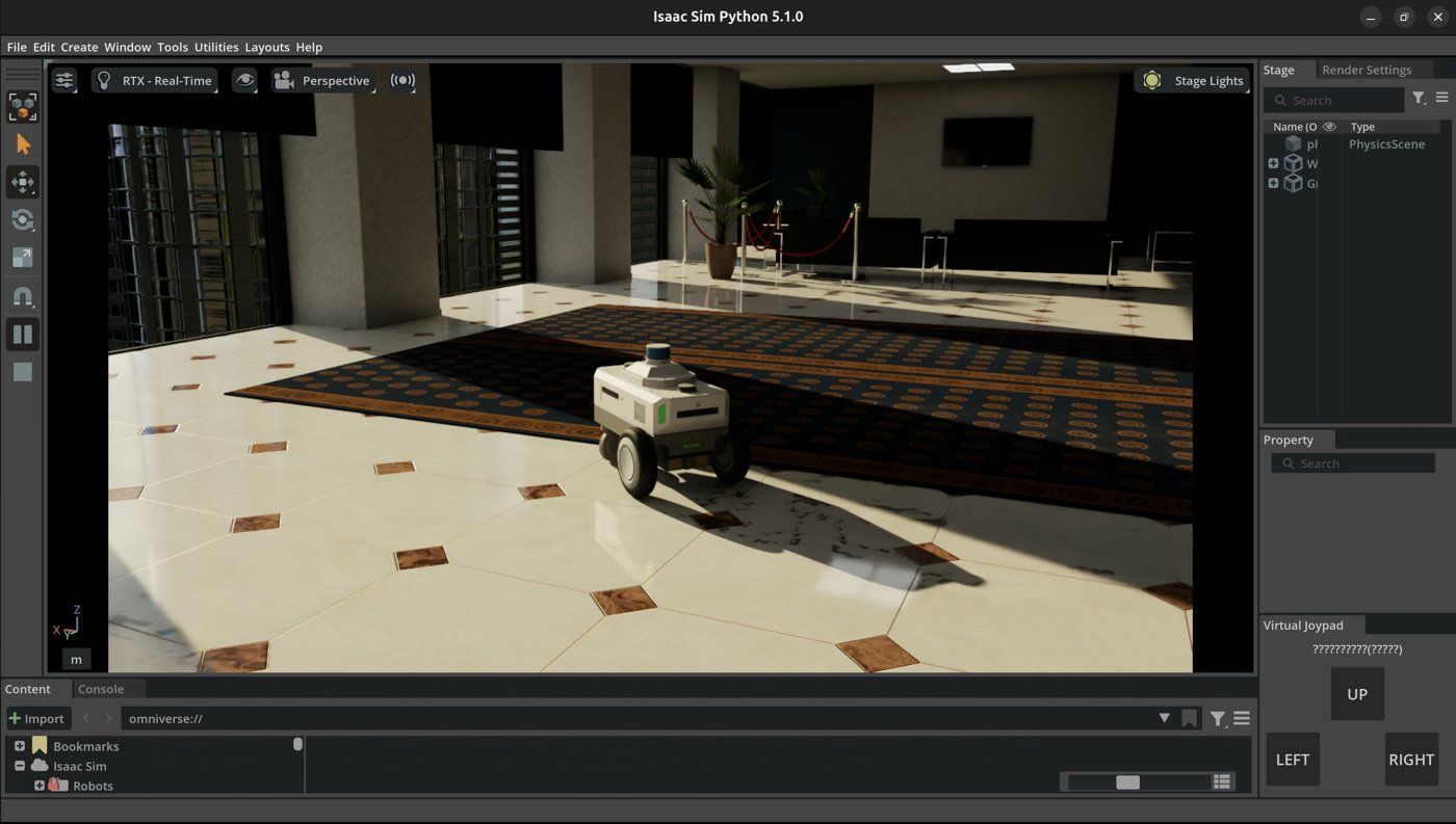 NVIDIA Isaac Sim上でホテルロビー環境を自律走行するロボットのシミュレーション画面