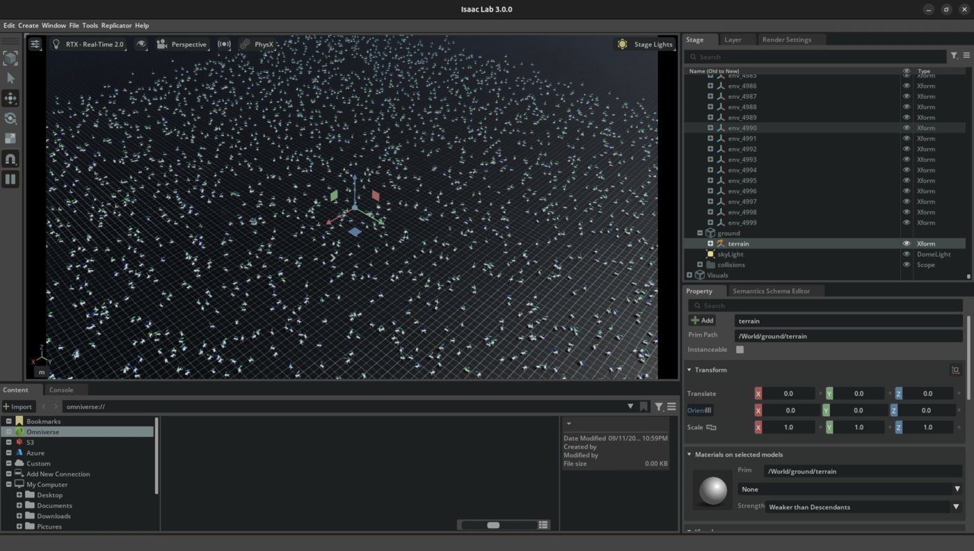 Isaac Lab上でGPU並列展開された5000体のUnitree Go2環境（クリックで拡大）