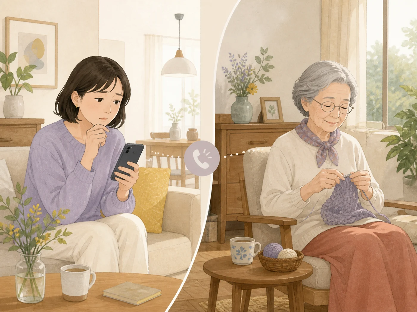 電話に気づかない母親と、離れた家でスマートフォンを見ながら心配する娘のイラスト